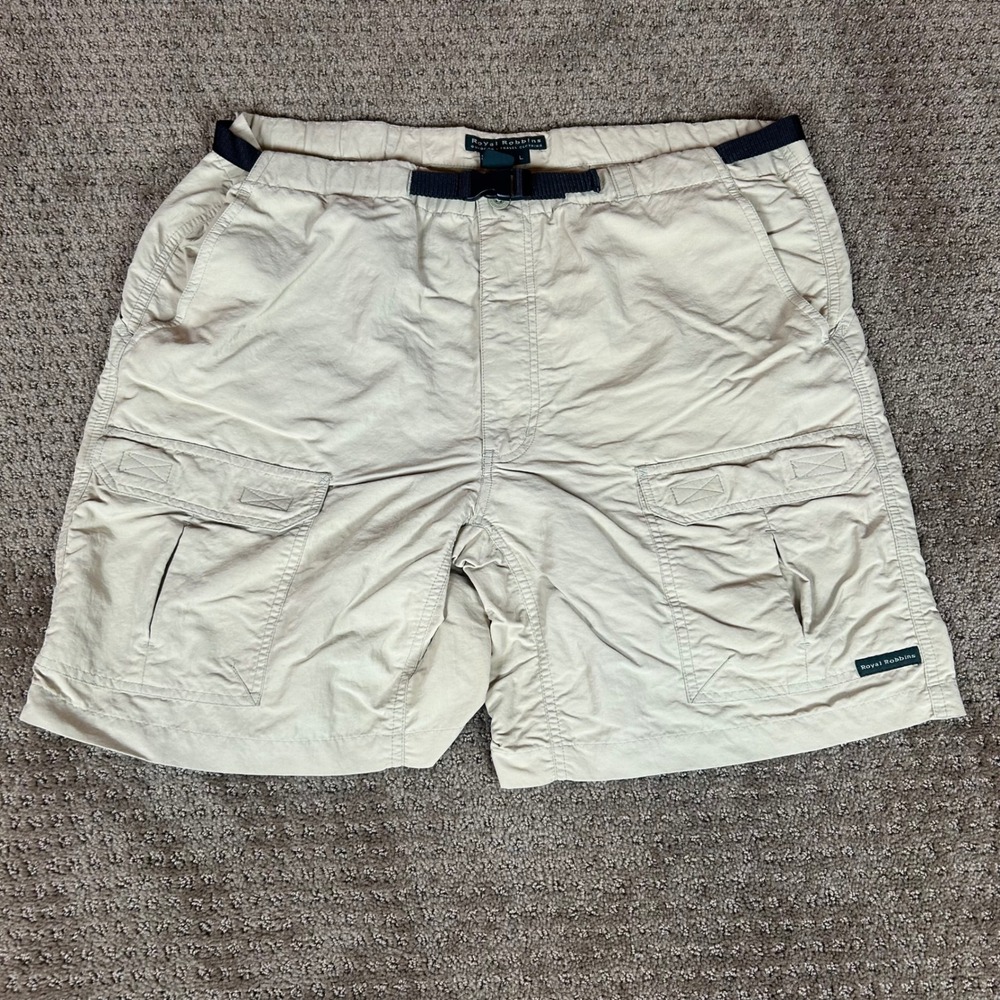Royal Robbins Cargo Shorts Mens L Khaki Nylon Hiking Outdoor Belted Pocketed